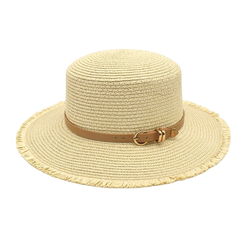 Boater Hat Straw Sun Protection Flat Top Wide Brim Fringe Edge Leather Belt Beach Vacation For Women Men
