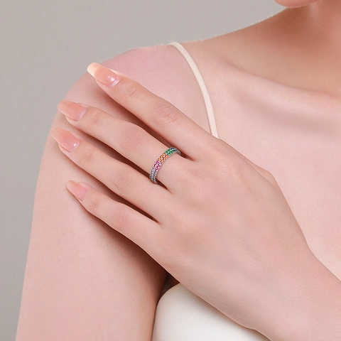 Anello In Argento Sterling 925 Arcobaleno Zirconia Cubica Colorato Fascia Eternità Impilabile Gioielli Per Donne Moda Stile Ins
