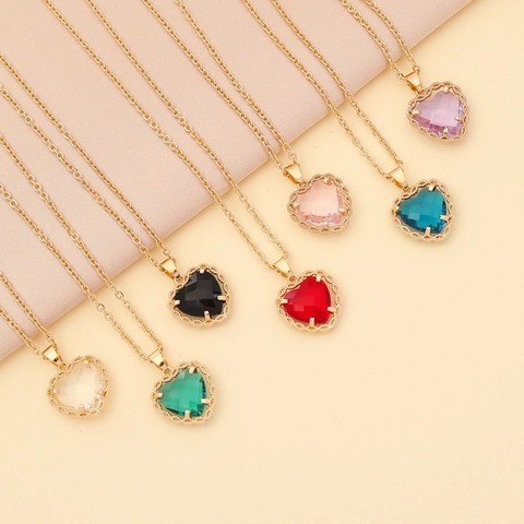 Heart Pendant Necklace Brass Cubic Zirconia Colorful Faceted Gemstone Clavicle Chain Jewelry For Women