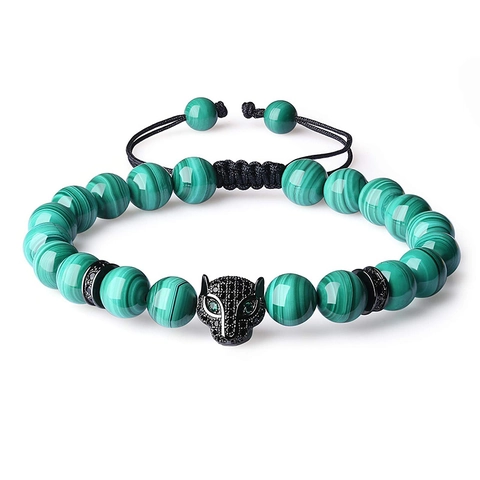 Bracelet Perles Pierre Naturelle Tête De Léopard Charme Corde Tissée Ajustable Micro Pave CZ Bijoux Pour Hommes Femmes