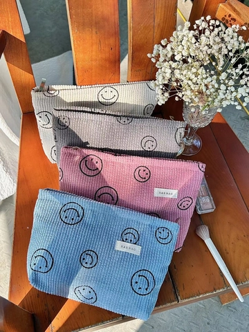 Borsa Per Trucchi Vintage In Velluto A Coste Motivo Smiley Grande Capacità Pochette Cosmetica Fodera In Tela Organizzatore Donna