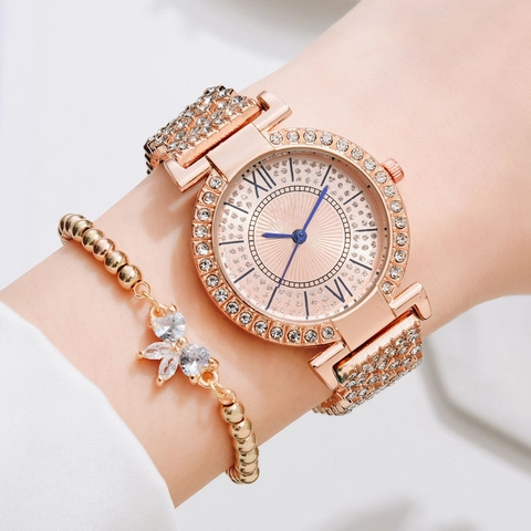 Luxury Women Quartz Watch Rhinestone Starry Sky Dial Roman Numerals Blue Hands Alloy Strap Elegant Fashion Wristwatch