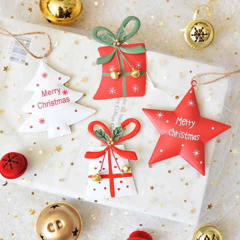 Ornamenti Appesi Albero Di Natale Ferro Metallo Stella Forma Scatola Regalo Stampato Buon Natale Con Fiocco E Campanelli