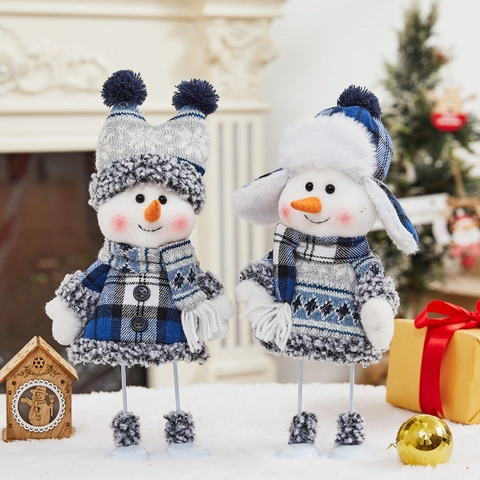 Christmas Snowman Plush Doll Blue Plaid Knitted Fabric Wood Skis Desktop Ornament Soft Holiday Skiing Snowman Figurine