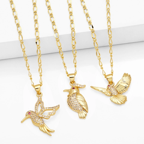 Collar Con Colgante de Pájaro de Circonia y Cobre Bañado en Oro de Lujo Para Mujer Diseño de Animales Colibrí Loro Joyería de Moda