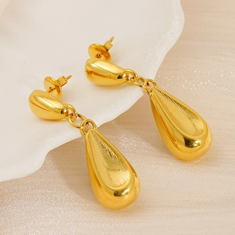 Französische Vintage Wassertropfen Ohrhänger Edelstahl 18K Vergoldet Glatt Hohl Birnenform Schmuck Für Damen