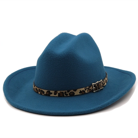 Cappello Fedora Feltro Di Lana Tesa Larga Cintura Leopardata Fibbia Dorata Western Jazz Donna Uomo