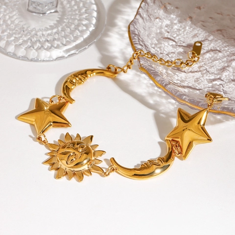 Celestial Star Moon Sun Charm Bracelet 18K Gold Plated Stainless Steel Tarnish Free Adjustable Jewelry For Women