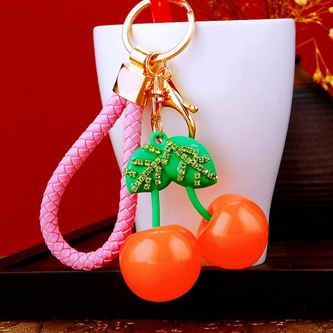Portachiavi Creativo con Ciliegia di Frutta Simulata Ciondolo in Resina e Metallo con Strass per Borsa Donna Ornamento di Moda Regalo