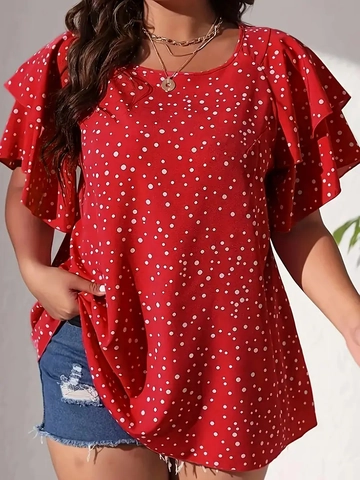 Women Plus Size Polka Dot Blouse Ruffle Sleeve Round Neck Polyester Top For Casual Vacation Elegant Summer Style