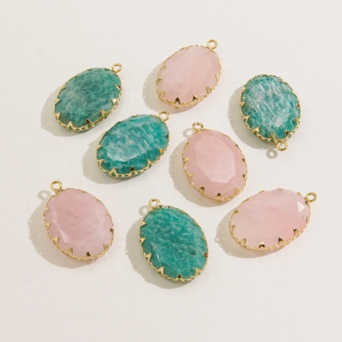 Ciondoli Ovali In Pietra Naturale Amazonite Quarzo Rosa Acciaio Inossidabile Bordo Dorato Accessori DIY