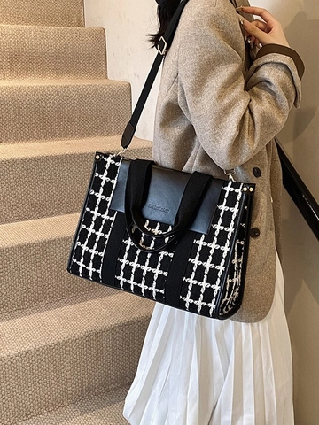 Ρετρό Τσάντα Tote Με Σχέδιο Houndstooth Μεγάλη Χωρητικότητα Υφαντό Ύφασμα Δέρμα PU Τσάντα Ώμου Χιαστί Για Γυναίκες Μόδα