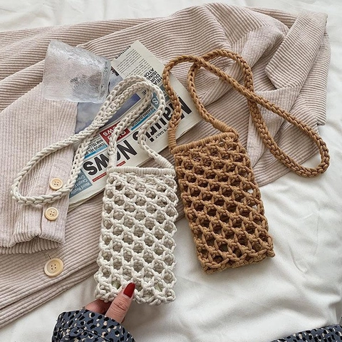 Handmade Woven Cotton Rope Crossbody Phone Bag Hollow Out Mesh Mini Summer Boho Small Shoulder Bag For Women