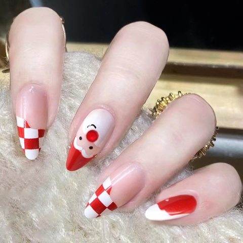 Faux Ongles De Noël Père Noël Motif À Carreaux Rouge Et Blanc Forme Amande ABS Brillant Manucure De Vacances D'Hiver Femmes