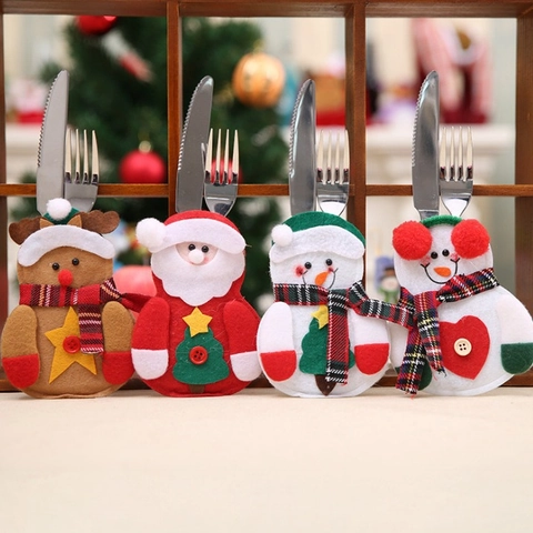 Portaposate di Natale Babbo Natale Pupazzo di Neve Renna in Tessuto Sacchetti per Posate Decorazioni per Tavola di Natale