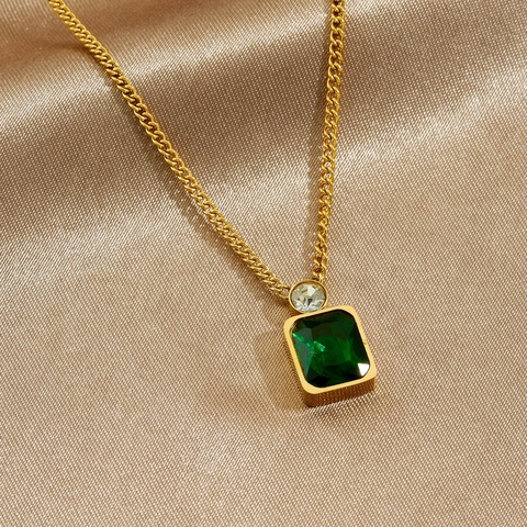 Stainless Steel Gold Plated Necklace With Square Emerald Green Gemstone And Zircon Pendant Geometric Elegant For Women