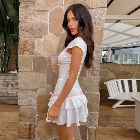 Women Sweet White Short Sleeve Top And Ruffle Mini Skirt With Pink Ribbon Bow Knit Slim Fit Summer Dating Outfit