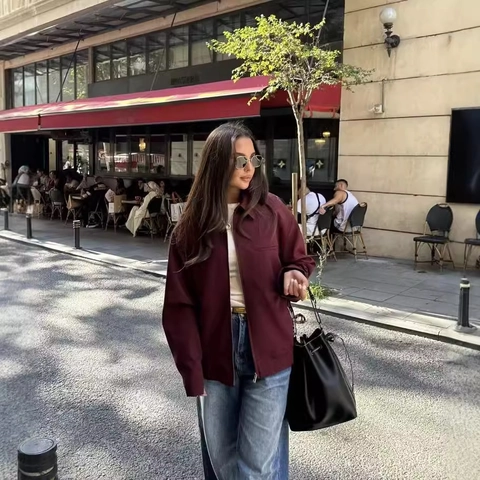 Giacca Vintage Da Donna E Pantaloncini Pieghettati Borgogna Cappotto Con Cerniera Abiti Casual In Tessuto