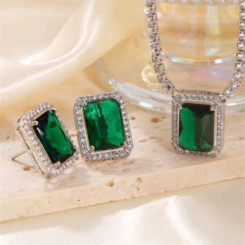 Luxury Rectangle Artificial Crystal Jewelry Set Alloy Inlaid Rhinestone Necklace Earrings For Women Fashion Jewelry Gift