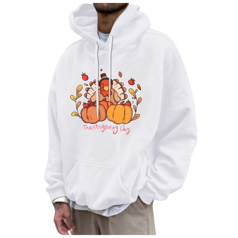 Thanksgiving Printed Men Hoodie Fleece Lined Sweatshirt Long Sleeve Drawstring Casual Holiday Apparel