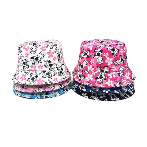 Kids Bucket Hat Polyester Sun Protection Cute Cow Daisy Print Outdoor Summer Sun Hat