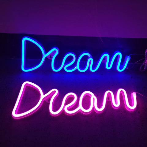LED Neon Sign Dream Word Light Battery USB Powered Hanging Decorative Nightlight For Bedroom Home Party Wall Decor Plastic
