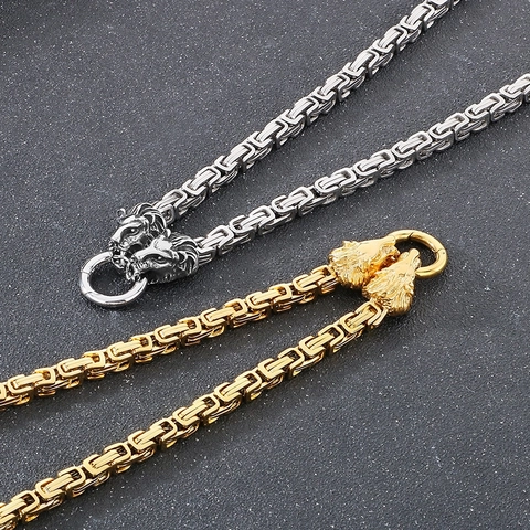 Collar Hombre Cadena Bizantina Cierre Cabeza De León Acero Inoxidable Punk Gótico Hip Hop Joyería