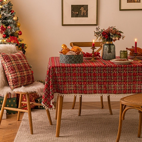 Christmas Plaid Tablecloth Rectangular Snowflake Print Polyester Fabric For Festive Dining Table Home Decor Atmosphere