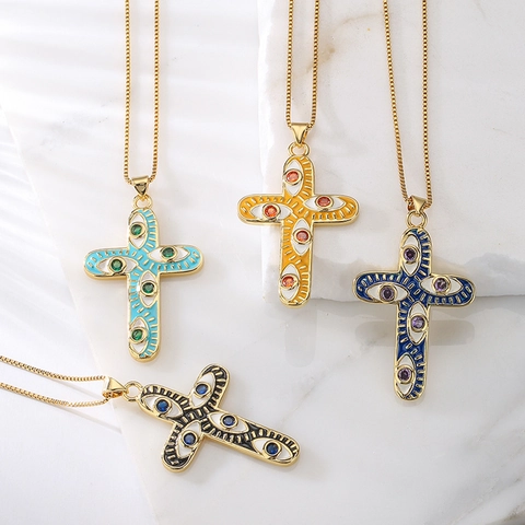 Collana Pendente Croce Rame Placcato Oro 18K Malocchio Smalto Zircone Catena Di Clavicola Gioielli Donne