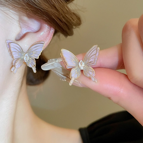 Paarse Vlinder Oorknopjes Met Zilveren Oorsteker Koper Zirkoon Emaille Vleugels Elegante Sieraden Voor Dames