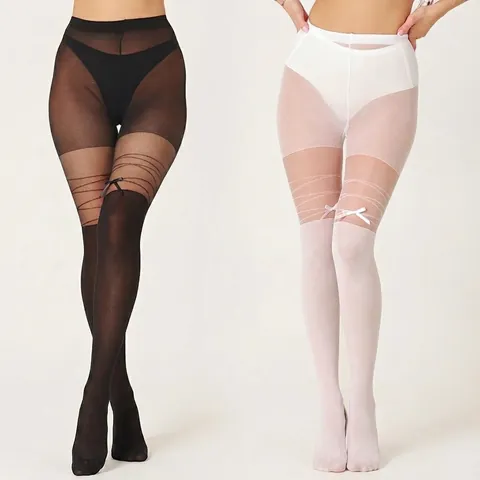 Femme Lolita Noeud Patchwork Collants Nylon Faux Bas Au-Dessus Du Genou Doux Façonnant Respirant Bas Fins