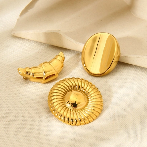 Vintage Brooch 18K Gold Plated Stainless Steel Croissant Spiral Round Oval Geometric Pins Waterproof Jewelry For Women