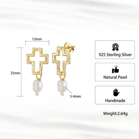 Juego de Joyas de Plata de Ley 925 Con Cruz y Perla Natural Para Mujer Juego de Collar y Pendientes Con Colgante de Cruz Hueca Chapado en Oro
