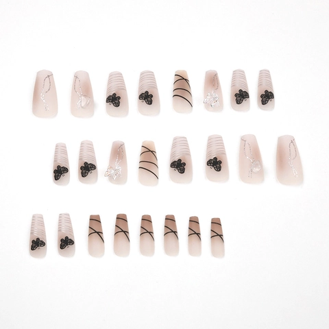 Press On Nägel Lang Coffin Nude Rosa Verlauf Schwarzer Schmetterling Goldfolie Glitzer Glänzende Künstliche Fingernägel Für Damen