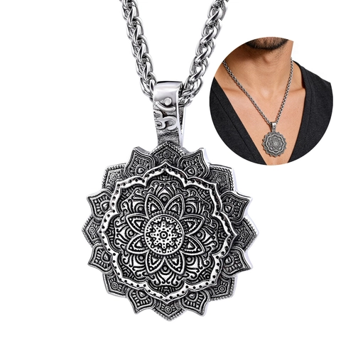 Collana Pendente Mandala Loto Acciaio Inossidabile Vintage Totem Geometrico Simbolo Om Gioielli Per Uomini Donne