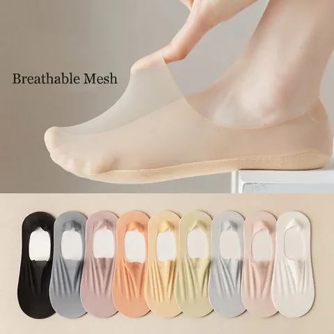 Women No Show Socks Ultra Thin Ice Satin Mesh Breathable Anti Slip Seamless Cotton Sole Invisible Boat Socks