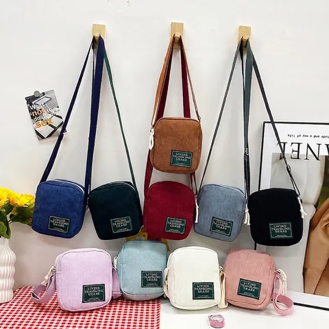 Corduroy Crossbody Bag Vintage Square Shoulder Purse With Adjustable Strap For Women Casual Daily Use Letter Patch