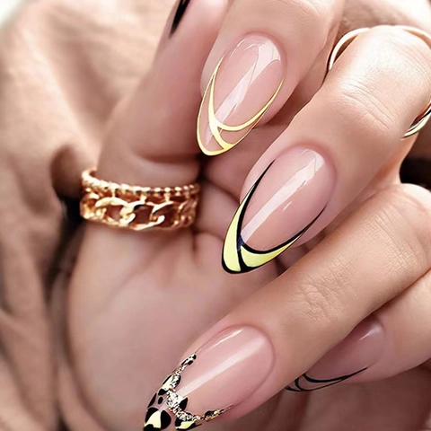 Uñas Postizas De Almendra Estampado Leopardo Línea Francesa Minimalista Rayado Moda Uñas Largas Para Mujeres