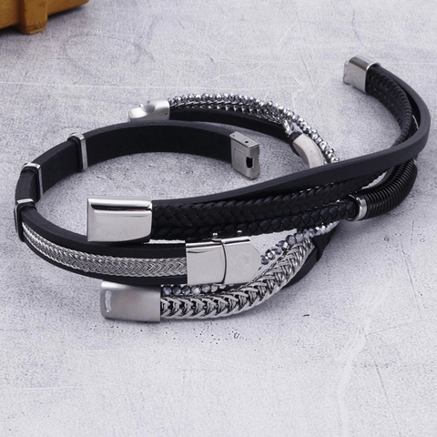 Bracciale In Pelle Intrecciata Da Uomo Con Chiusura Magnetica In Acciaio Inossidabile Bangle Tessuto Multistrato Gioielli Punk
