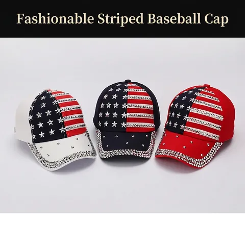 Rhinestone US Flag Baseball Cap Cotton Sunshade Hat For Women Men Adjustable Stars Stripes Printed Curved Brim Streetwear