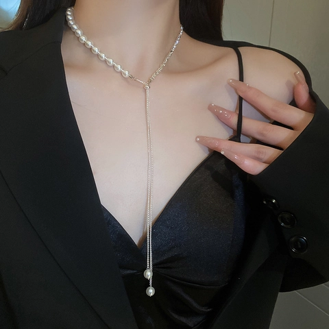Κομψό Κολιέ Y-Shape Lariat Με Τεχνητές Πέρλες Και Κράμα Για Γυναίκες Μόδα Ρυθμιζόμενα Κοσμήματα
