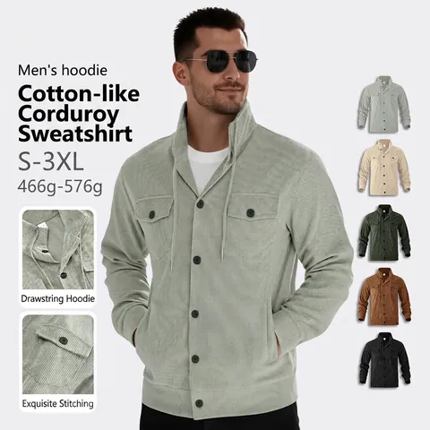 Heren Corduroy Jas Met Knopen Meerdere Zakken Trekkoord Kraag Casual Werkkleding Vintage Bovenkleding Lange Mouw