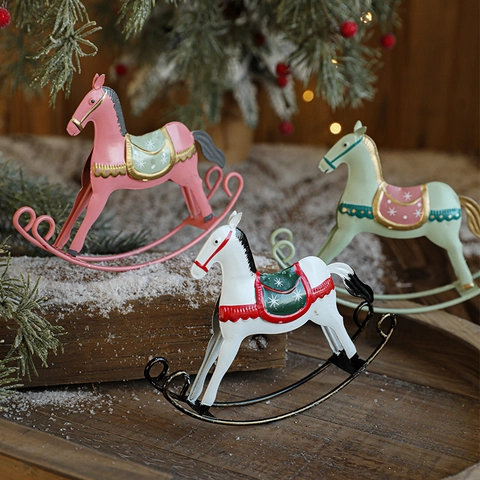 Christmas Metal Rocking Horse Ornament Retro Iron Hand Painted Desktop Decoration Nordic Style Holiday Home Cabinet Display
