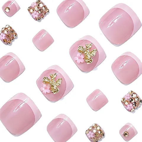 Press On Fußnägel Französischer Stil Rosa Glänzend Quadratisch Pediküre Tipps Mit 3D Schleife Strass Und Blumen Dekorationen