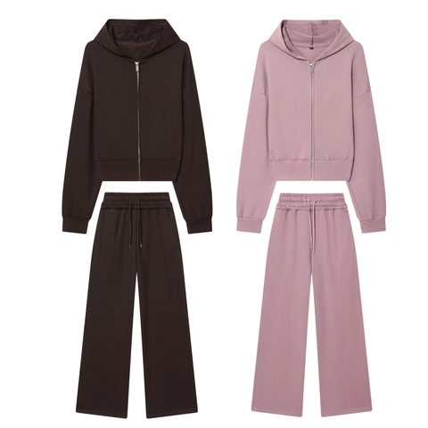 Completo Felpa Con Cappuccio E Pantaloni Donna Cotone Poliestere Maglia Zip Felpa Corta Gamba Larga Casual Tinta Unita