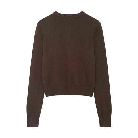 Cárdigan De Punto Para Mujer Cuello Redondo Ribete Contrastado Bolsillo Botonadura Manga Larga Poliéster Café