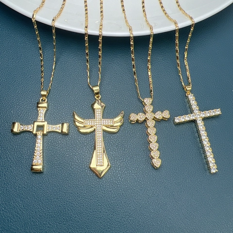 Cross Pendant Necklace Copper Zircon 18K Gold Plated Wings Heart Micro Pave Trendy Hip Hop Religious Jewelry For Women