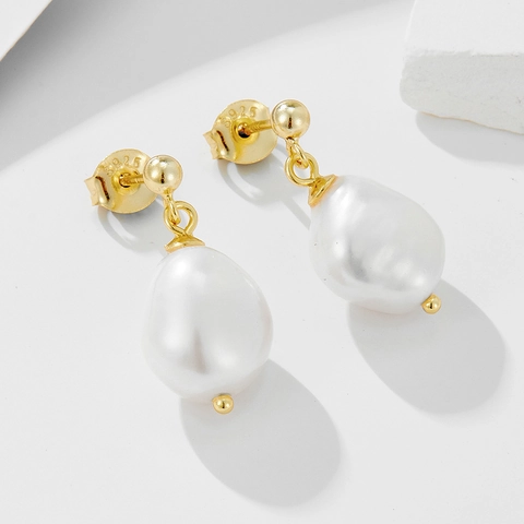 Orecchini a Bottone con Perla d'Acqua Dolce Irregolare Barocca Donna Perno in Argento Sterling 925 Oro Gioielli Eleganti