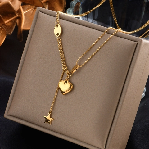 Stainless Steel Layered Necklace For Women Gold Plated Heart Artificial Pearl Coin Pendant Asymmetric Snake Chain Fashion Jewelry Gift
