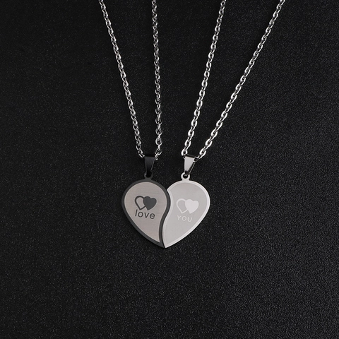 Heart Splicing Couple Necklace Stainless Steel Engraved Love You Pendant Polished Korean Style Jewelry For Lovers